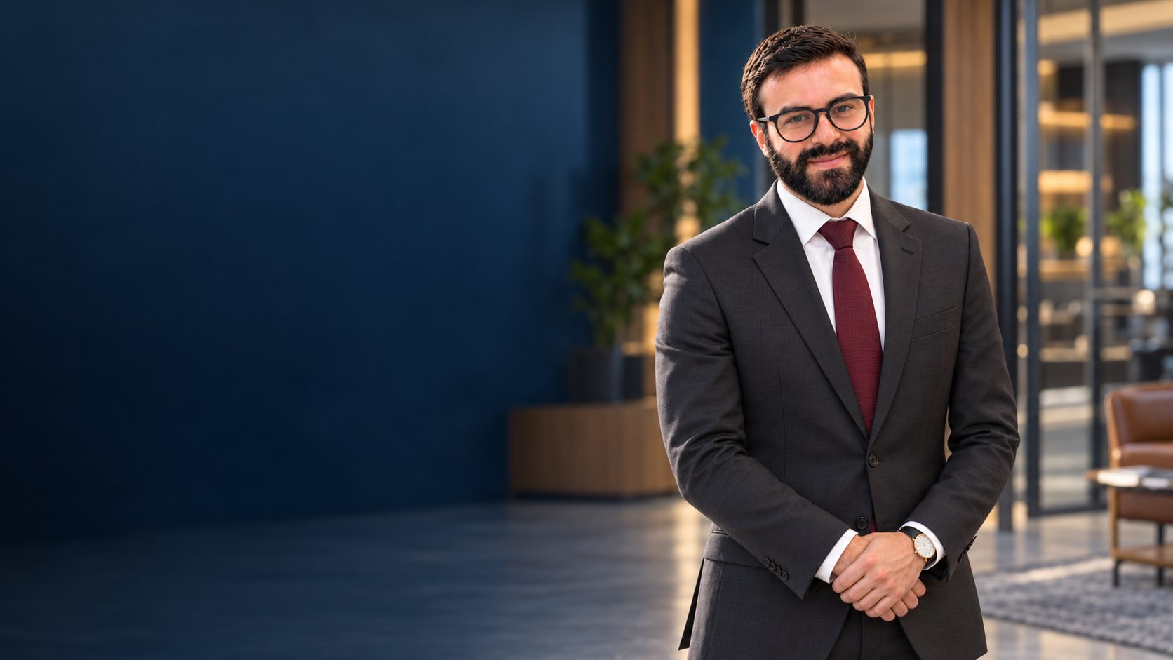 Wellington Oliveira, consultor financeiro, de terno, sorrindo em um escritório elegante